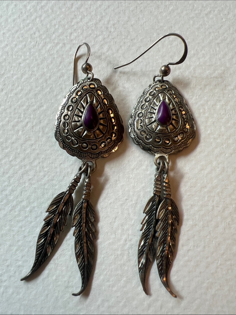 Sterling Silver Feather Drop Earrings with Purple Accent